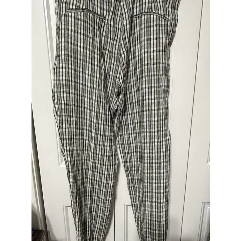 MNG by Mango Linen Pant Plaid Womens 12 Black White NEW Ankle